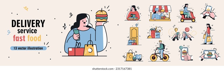 Set of mini concepts on the topic of delivery service fast food. Presentation of the work of the delivery service in a cartoon style. Vector illustration.