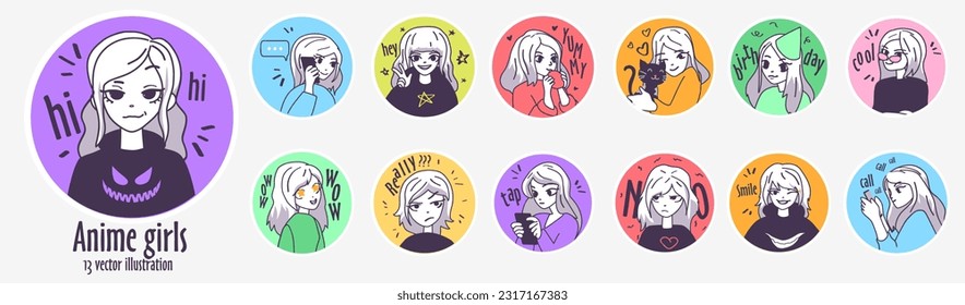 Set of mini concepts on the topic of anime girls. Illustration of different cartoon anime girls in flat style. Vector illustration.