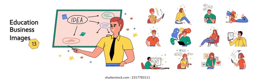 Set of mini concepts on the topic of education business. A collection illustrations related to education and business, designed in a flat and cartoon style. Vector illustration.