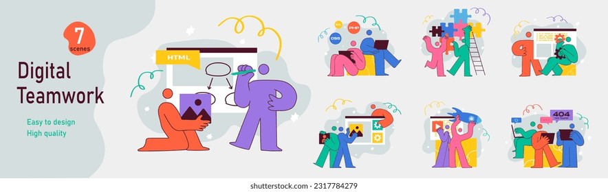 Set of mini concepts on the topic of teamwork. Illustration of different teamwork in cartoon flat design. Vector illustration.