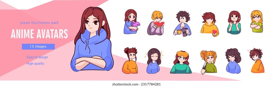 Set of mini concepts on the topic of anime avatars. Image of different anime avatars in flat style. Vector illustration.