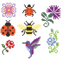 Conjunto De Diseños De Minipuntos Cruzados, Flores Insectos Pájaros
