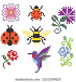 set of mini cross stitch designs, flowers insects birds