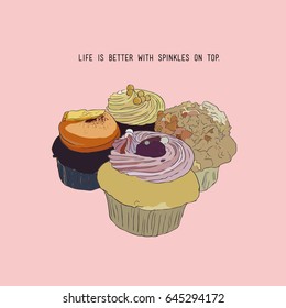 set of mini cupcakes , 4 pieces hand drawn sketch vector.