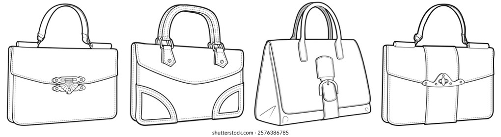 Set of mini handbag flat sketch vector illustration technical cad drawing template	