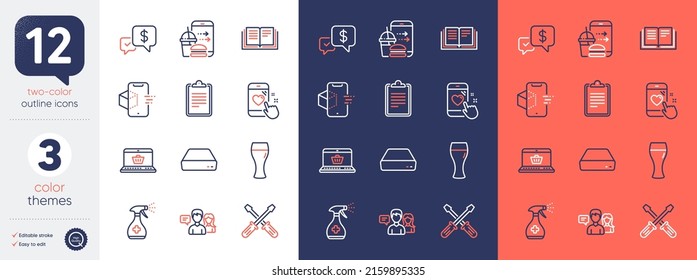 Set of Mini pc, Beer glass and Education line icons. Include Online shopping, Food order, Augmented reality icons. Clipboard, People talking, Heart rating web elements. Screwdriverl. Vector