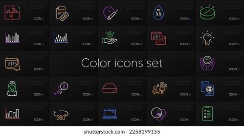 Set of Mini pc, Light bulb and Wind energy line icons. Include Passport document, Medical tablet, Bar diagram icons. Report diagram, Fake news, Puzzle web elements. Hospital nurse. Vector