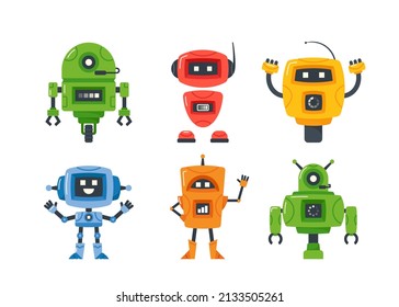 Set von Mini-Roboter-Icons, Cyborg-Zeichen, Spielzeug oder Chatbot, Künstliche Intelligenz-Technologie. Assistentin für technische Unterstützung, Roboter auf Rädern mit Waffen und digitalen Gesichtspunkten. Cartoon-Vektorgrafik