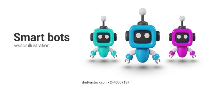 Set of mini robots of different colors. Small realistic intelligent droids