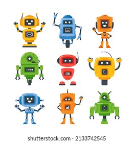 Set of Mini Robots, Droids or Chatbot Characters, Cyborgs With Friendly Faces. Artificial Intelligence Androids and Humanoids With Arms and Wheels, Ai Bots Technology. Cartoon Vector Illustration