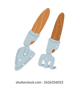 Set of mini shovel and chopper with texture. Flat isolated color illustration with doodle elements. It is suitable for postcards, prints, blog design, children's books, packaging design, and spring