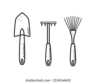 A set of mini tools for the garden. Vector illustration of a shovel hoe rake