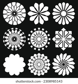 Set of mini zen mandalas with simple lines with curls and tangles anti-stress colouring page