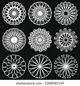 Set of mini zen mandalas with simple lines with curls and tangles anti-stress colouring page