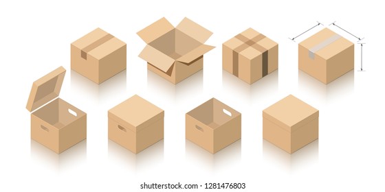 Set of miniature 3D boxes in closed and open versions of light brown cardboard. Images on a white background with a mirror shadow for icons, advertising, banners, filling sites. Isometric style.