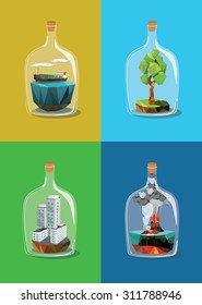 Set of miniature inside a bottle. Vector illustration.