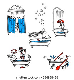 a set of miniatures man taking a bath