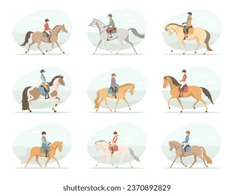 Set of miniatures, a riding school, riders riding horses at a trot