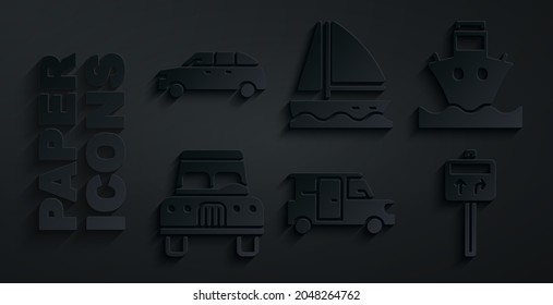 Set Minibus, Cargo ship, Road traffic signpost, Yacht sailboat and Hatchback car icon. Vector