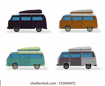 Set minibus vector illustration isolated on white. Colorful travel bus collection. Surfing retro buses in different colors.