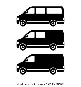 Set of minibuses icon. Small van. Black silhouette. Side view. Vector simple flat graphic illustration. The isolated object on a white background. Isolate.