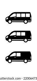 Set of minibuses icon. Small van. Black silhouette. Side view. Vector simple flat graphic illustration. The isolated object on a white background. Isolate.