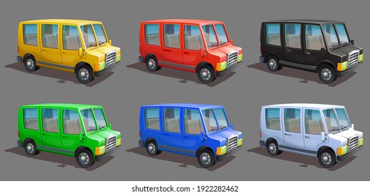 Eine Reihe von Minibussen für den Personenverkehr. Vektormodelle von Lieferwagen in verschiedenen Farben. 