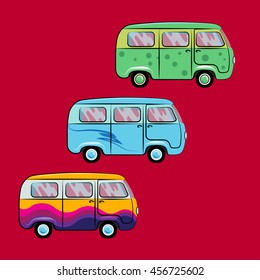 Set of minibuses in the vector collection in cartoon style. Colorful travel bus. Surfing retro buses in different colors. 