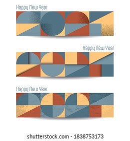 Set of minimal 2021 New Year banners, 4 to 1 proportions, in Bauhaus, memphis style. Selection in retro tones, with flat, textured and papercut styles with shadows. EPS10 vector format.
