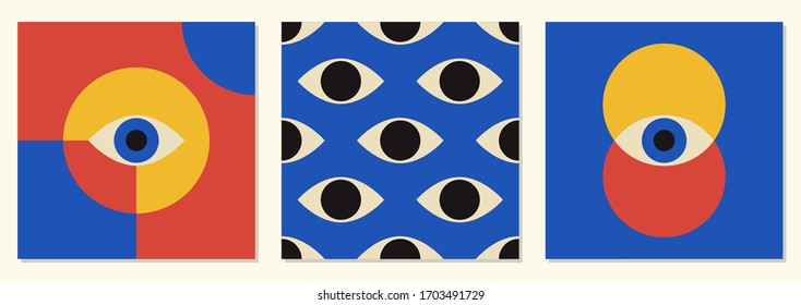 Set of minimal 20s geometric design with eyes, vector template with primitive shapes elements, modern hipster style
