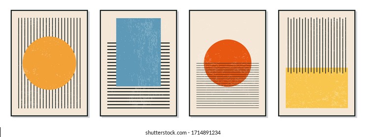 Set of minimal 20s geometric design posters, vector template with primitive shapes elements, modern hipster style