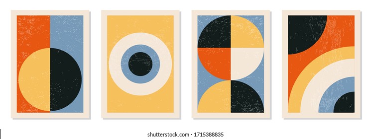 Set of minimal 20s geometric design posters, vector template with primitive shapes elements, modern hipster style