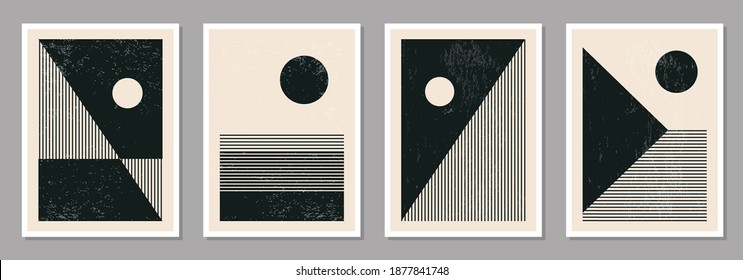 Set of minimal 20s geometric design posters, vector template with primitive shapes elements, modern hipster style