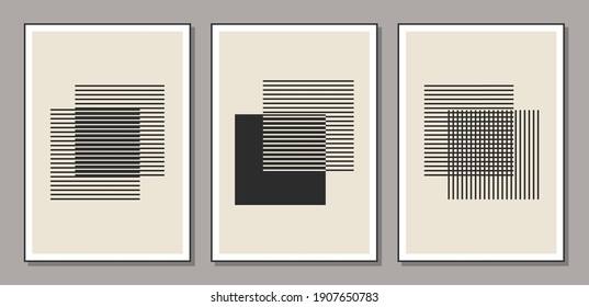 Set of minimal 20s geometric design poster, vector template with primitive shapes elements, ideal for wall decoration, as postcard or brochure design, vector illustration