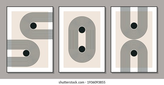 Set of minimal 20s geometric design posters with primitive shapes