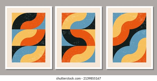 Set of minimal 20s geometric design poster, vector template primitive shapes