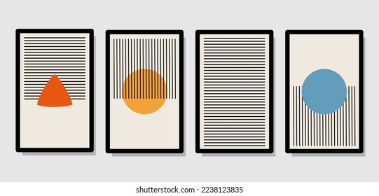 Set of minimal 20s geometric design posters, vector templates with elements of primitive shapes, modern hipster style, with modern colors and interesting shapes along with thin black lines