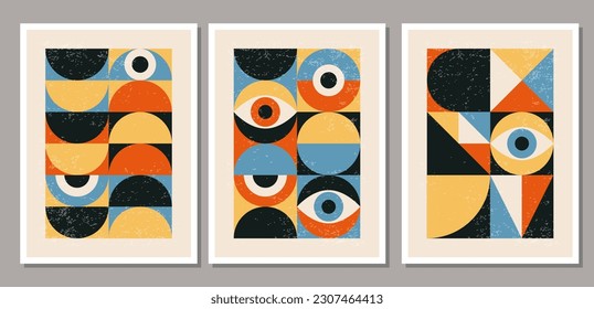 Set of minimal 20s geometric design posters with primitive shapes