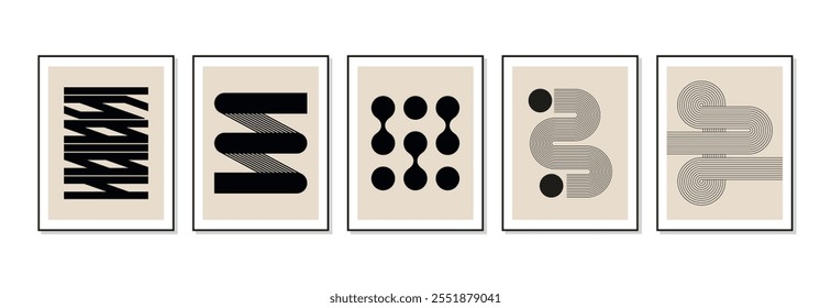 Set of minimal 20s geometric design posters, vector template with primitive shapes elements, vector illustration 10 eps.
