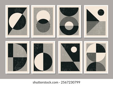Set of minimal 20s geometric design posters with primitive shapes elements