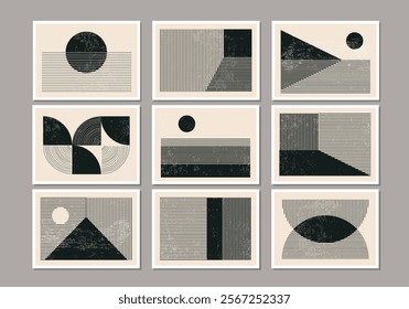 Set of minimal 20s geometric design posters with primitive shapes elements