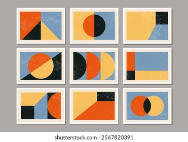 Set of minimal 20s geometric design posters with primitive shapes elements