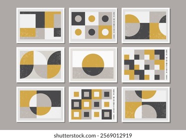 Set of minimal 20s geometric design posters with primitive shapes elements