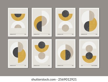 Set of minimal 20s geometric design posters with primitive shapes elements