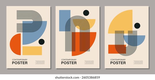 Set of minimal 20s geometric design poster, vector template with primitive shapes elements
