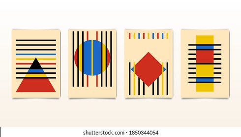 Set minimal 20s vintage geometric design bauhaus posters, vector template with primitive shapes elements circle, triangle, square, rectangle, striped, modern hipster style, collection cards isolated
