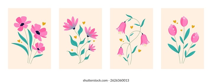 Set of minimal abstract art floral elements. Cute modern trendy creative style. Simple colorful design for wallpaper, wall decor, postcard, print, banner, poster, template, cover. Vector illustration