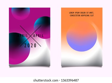 Set of minimal abstract fluid posters in vaporwave/ synthwave/ retrowave style, vector background with 3d spheres and neon gradient duotone background.