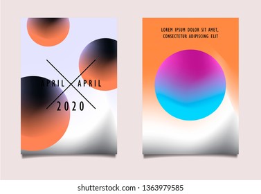Set of minimal abstract fluid posters in vaporwave/ synthwave/ retrowave style, vector background with 3d spheres and neon gradient duotone background.