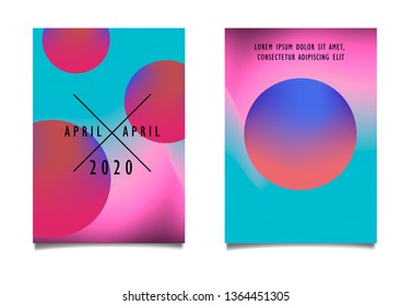 Set of minimal abstract fluid posters in vaporwave/ synthwave/ retrowave style aesthetic, vector background with 3d spheres and neon gradient duotone background.